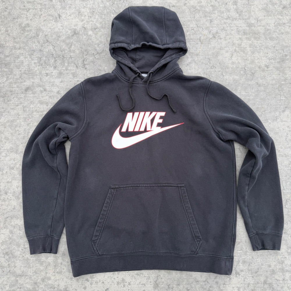 Nike Mens Sportswear Logo Hoodie Black Red Large Pullover Fleece Sweatshirt